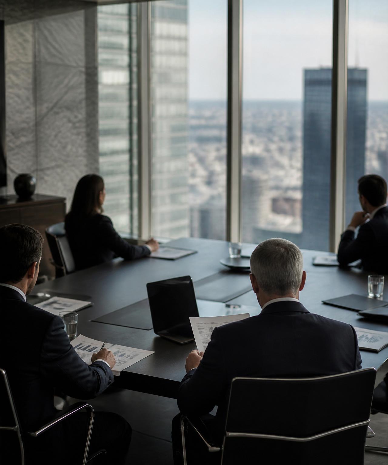 Executive leaders reviewing strategy materials in a boardroom