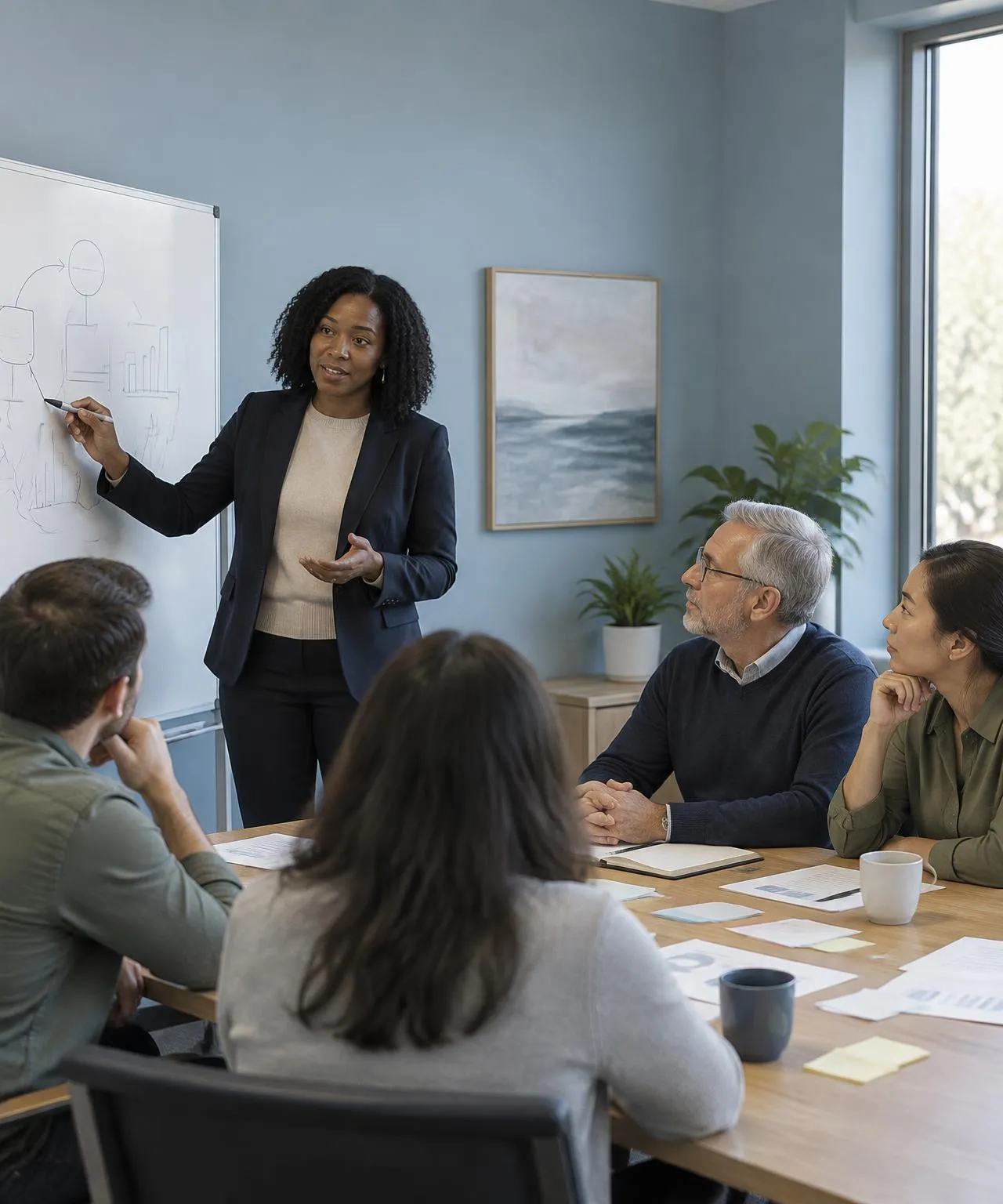 A facilitator leads a working session at a whiteboard while colleagues around a table with sticky notes follow along.