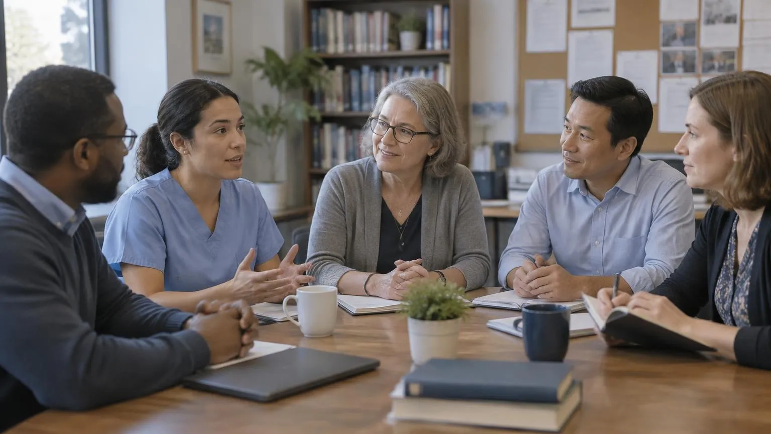 A mixed group of professionals, including a clinician, in conversation around a table in a meeting room.
