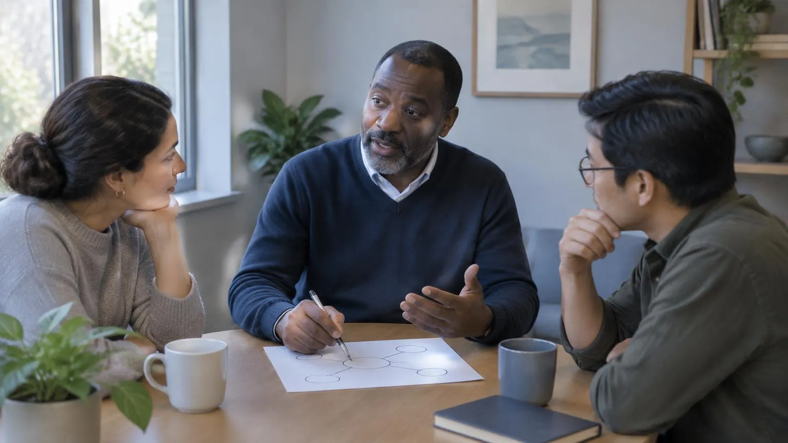 An advisor sketches a diagram on paper and explains it while two colleagues lean in at a small table.